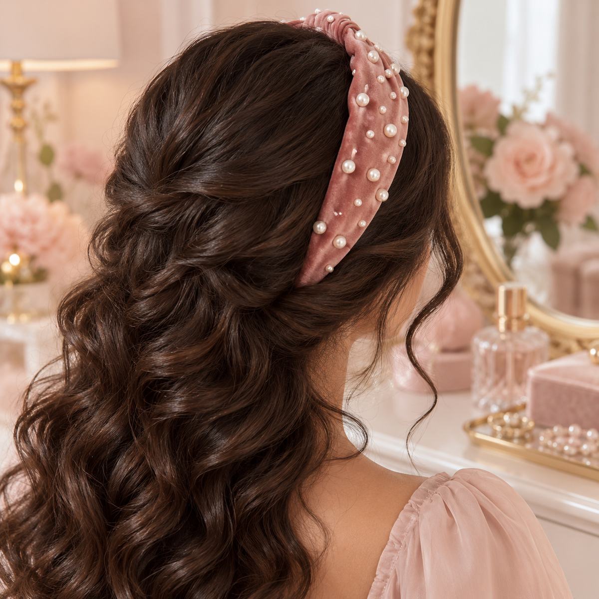Dusty rose velvet headband styled over dark curls