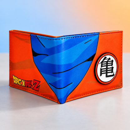 Angled Saiyan Kanji wallet showing its bifold fold, orange panels and blue Goku artwork