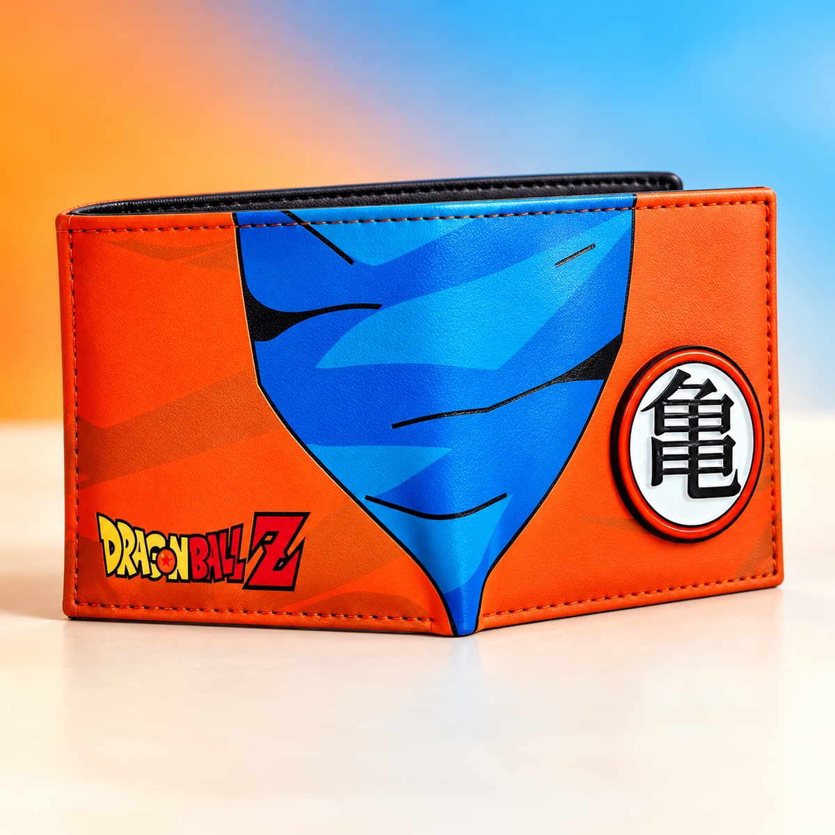 Saiyan Kanji anime wallet front view with blue Goku portrait and orange panels