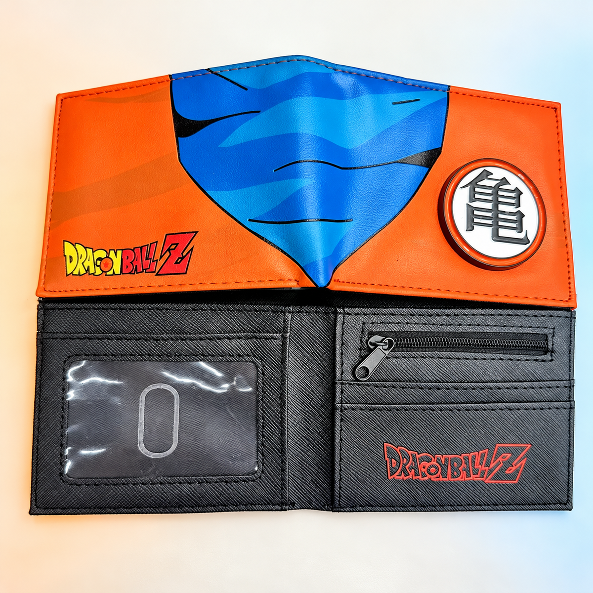Open Saiyan Kanji wallet with black card slots, clear ID window and zip pocket