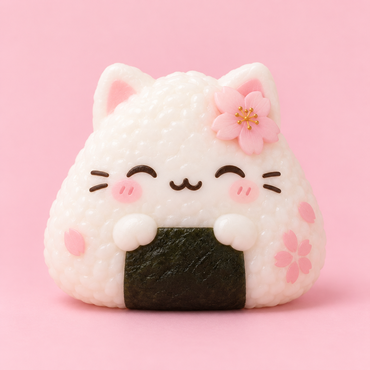 Sakura onigiri cat kawaii squishy toy on pink background