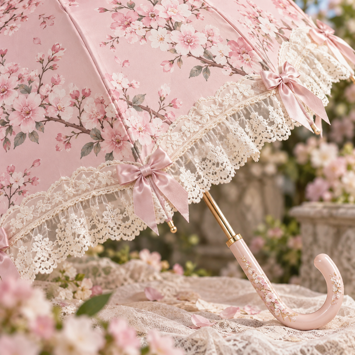 Sakura Rain Lolita parasol blossom print and lace edge detail
