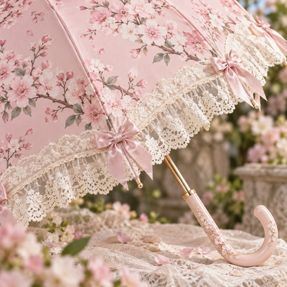 Sakura Rain Lolita parasol blossom print and lace edge detail