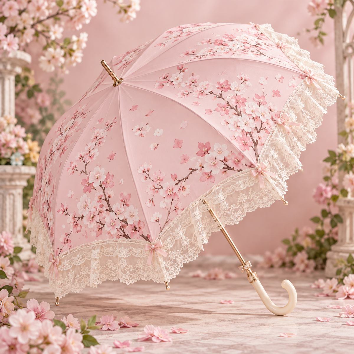 Sakura Rain pink Lolita parasol with cherry blossom print