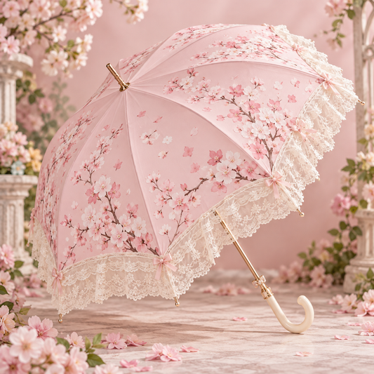 Sakura Rain pink Lolita parasol with cherry blossom print