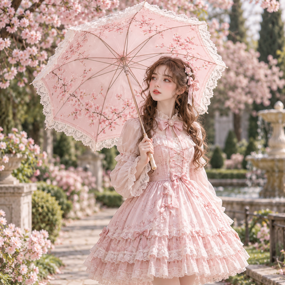Sakura Rain Lolita parasol styled in a spring garden