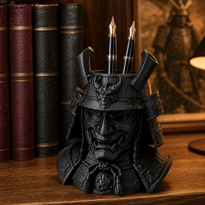 Close view of the black samurai helmet pen holder and its sculpted mask details