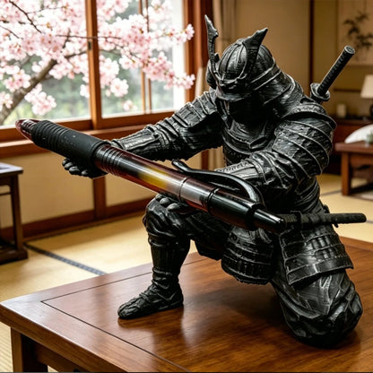Black samurai pen holder figure displaying a pen on a wooden desk in a Japanese-style room