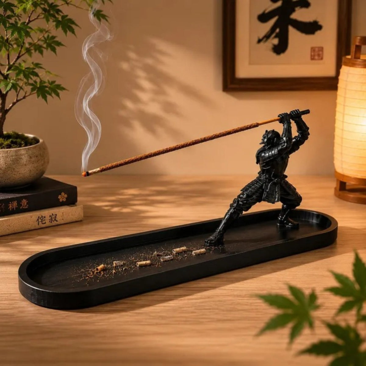 Samurai warrior incense holder on a warm wood table with incense smoke