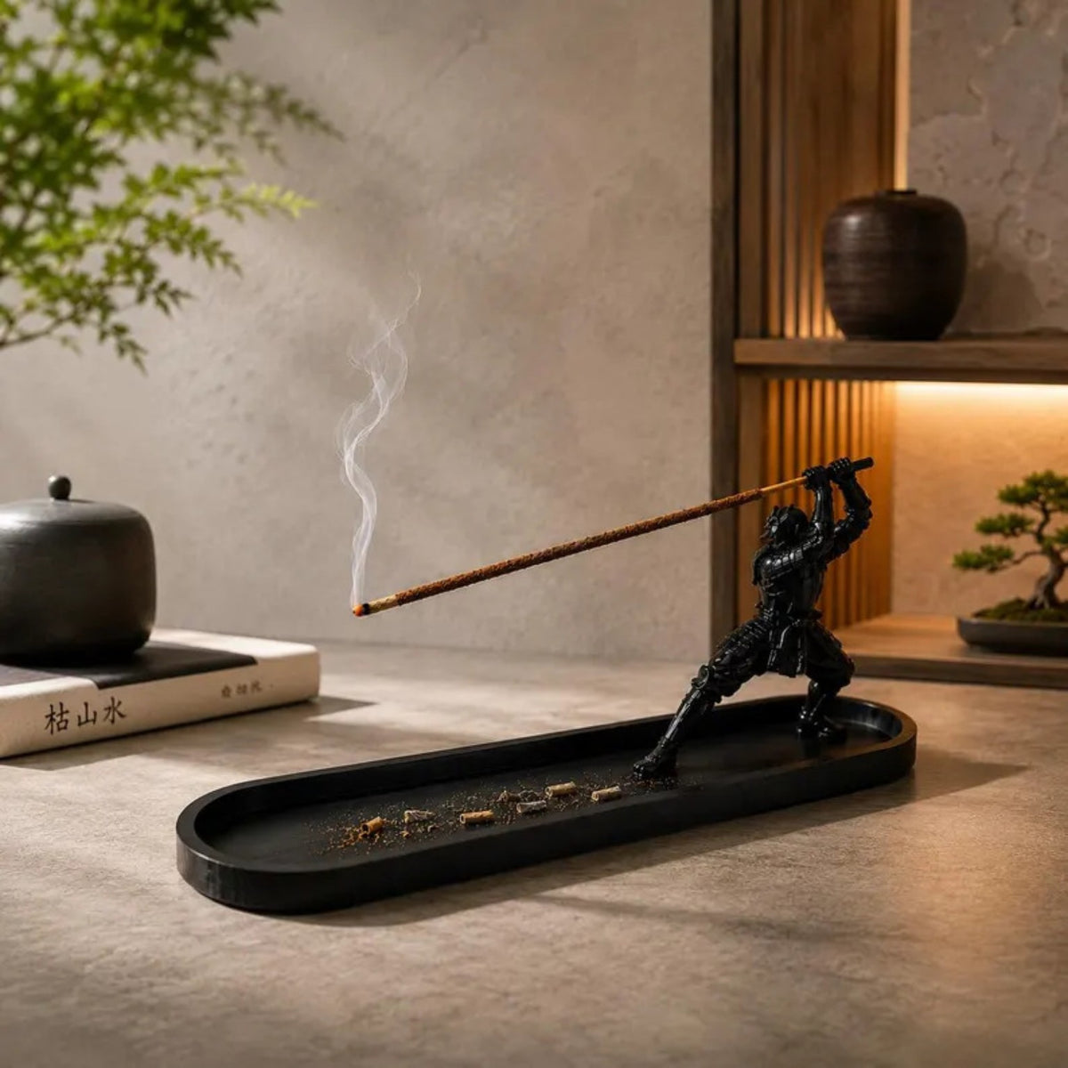Samurai warrior incense holder in a calm Japanese-inspired interior