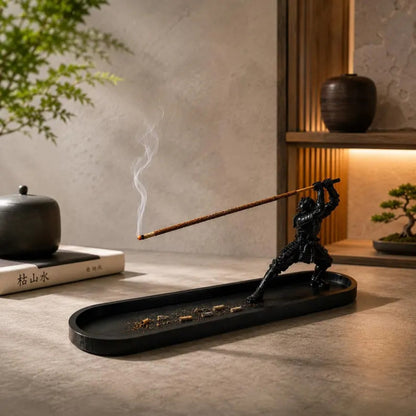 Samurai warrior incense holder in a calm Japanese-inspired interior