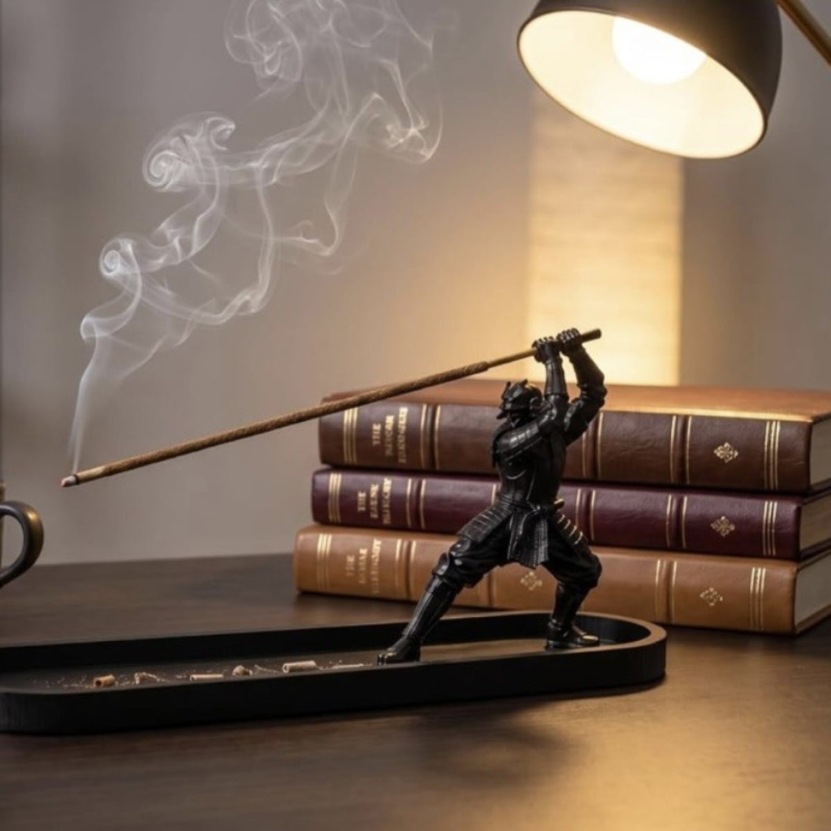 Samurai warrior incense burner with incense stick and ash tray