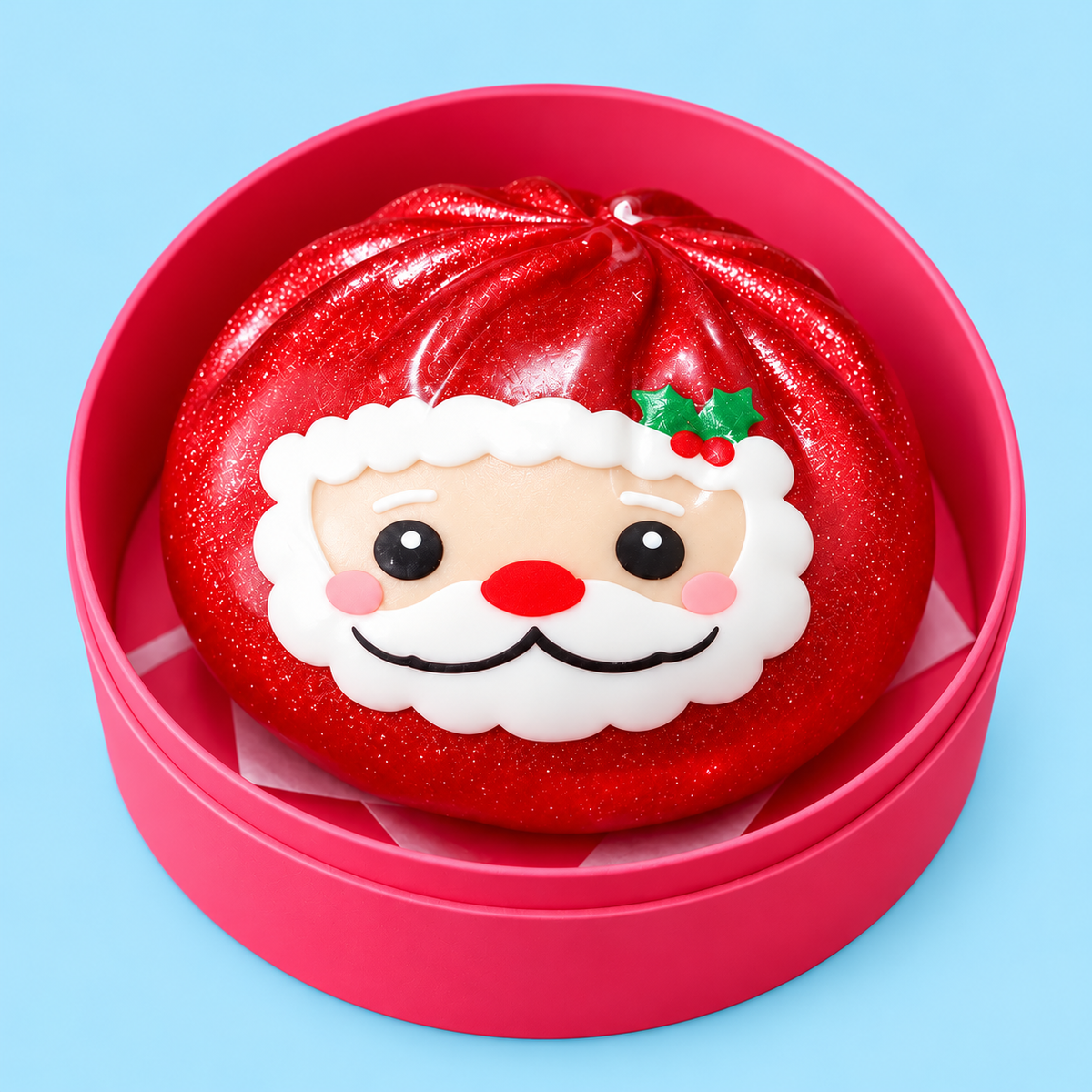 Three quarter view of red glitter Santa dumpling squishy