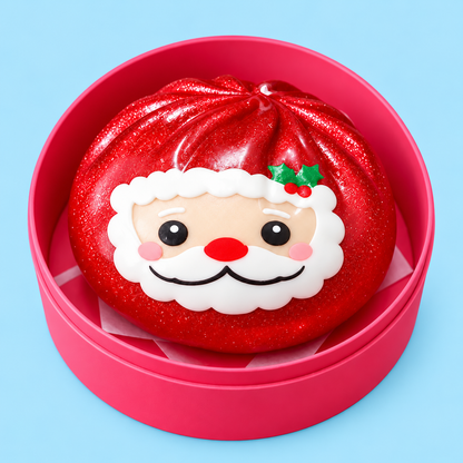 Three quarter view of red glitter Santa dumpling squishy