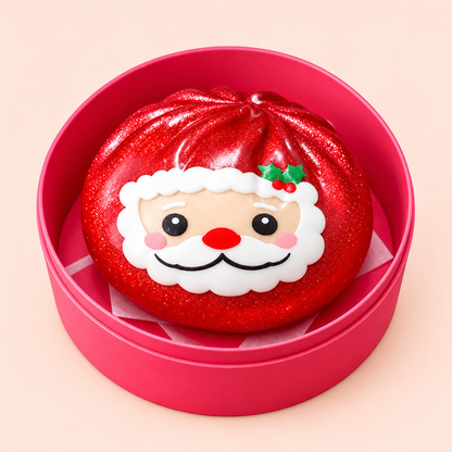 Santa face with white beard, red nose and holly detail