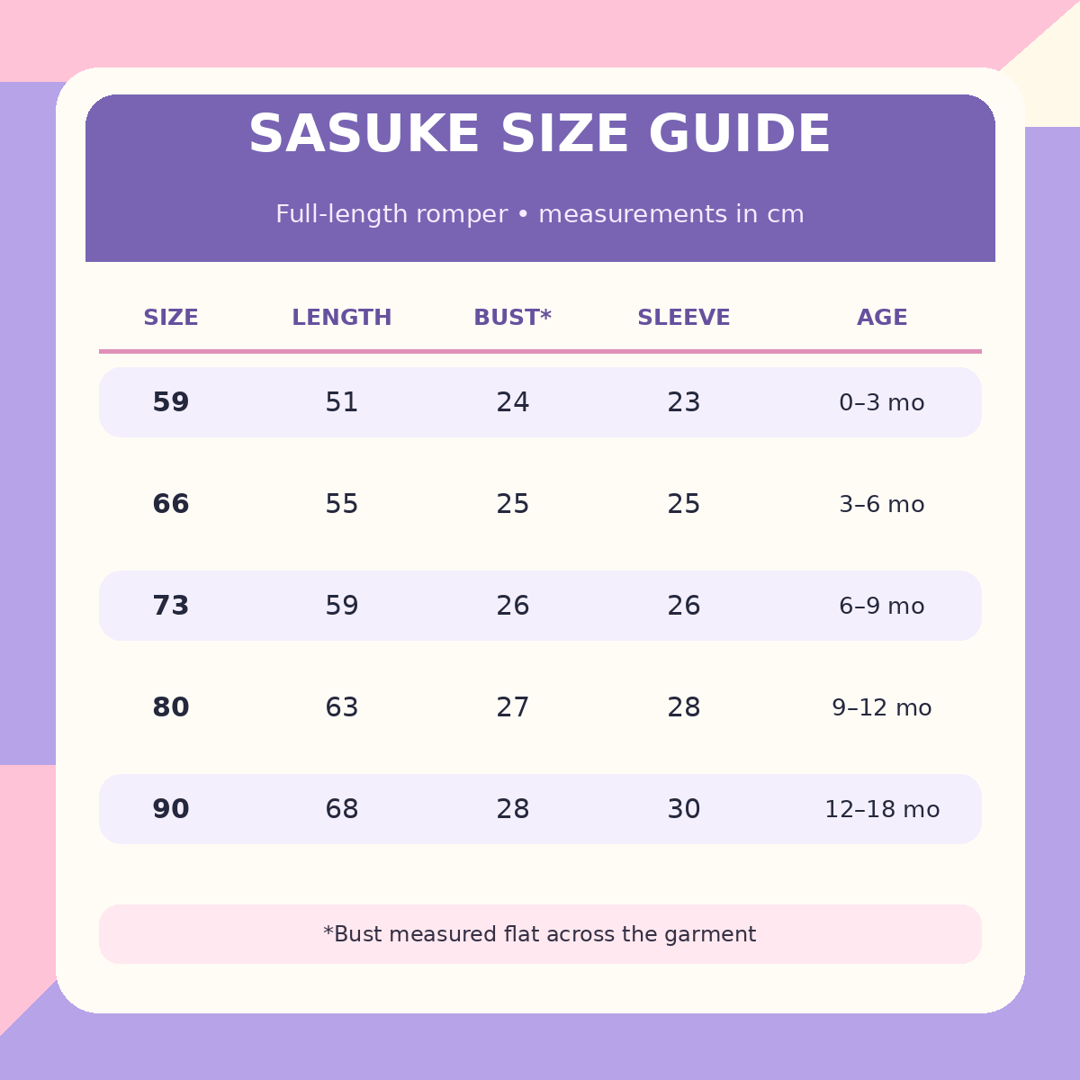 Sasuke romper size chart with measurements in centimeters