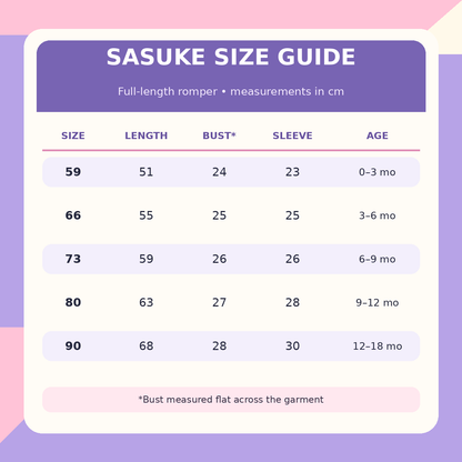 Sasuke romper size chart with measurements in centimeters