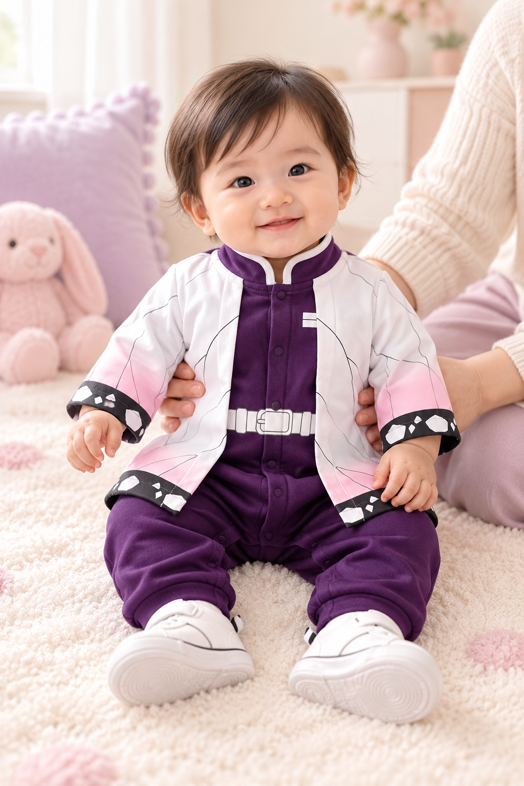 Asian baby wearing Shinobu-inspired onesie, full outfit