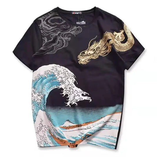 Camiseta con bordado de dragón ondulado de Kanagawa