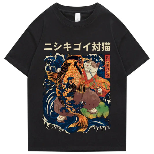 Maglietta Ukiyo-e Cat &amp; Koi Fish Battle