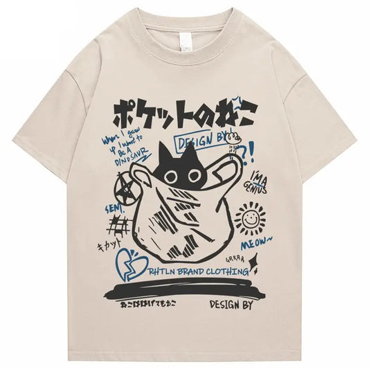 Camiseta divertida con diseño de gato en bolsa Kanji
