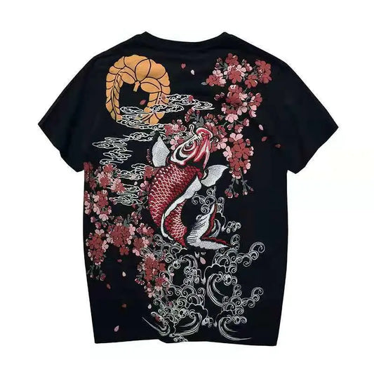 Camiseta con bordado de carpa y pez Koi en flor