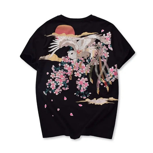 T-shirt brodé d&#39;oiseaux et de grues Sakura