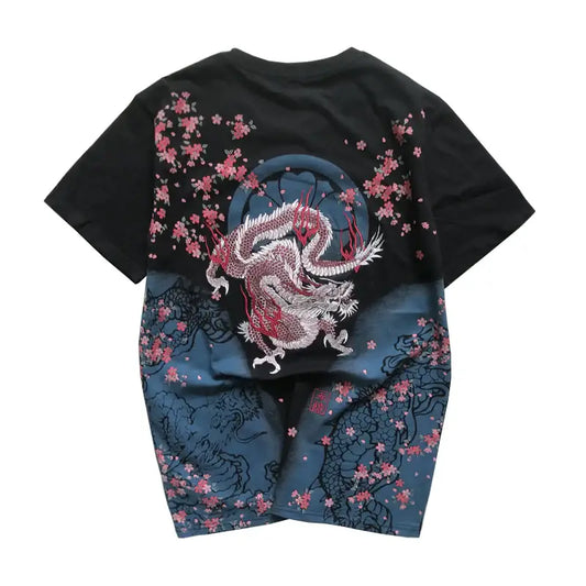 T-shirt brodé dragon fleur de cerisier Sakura