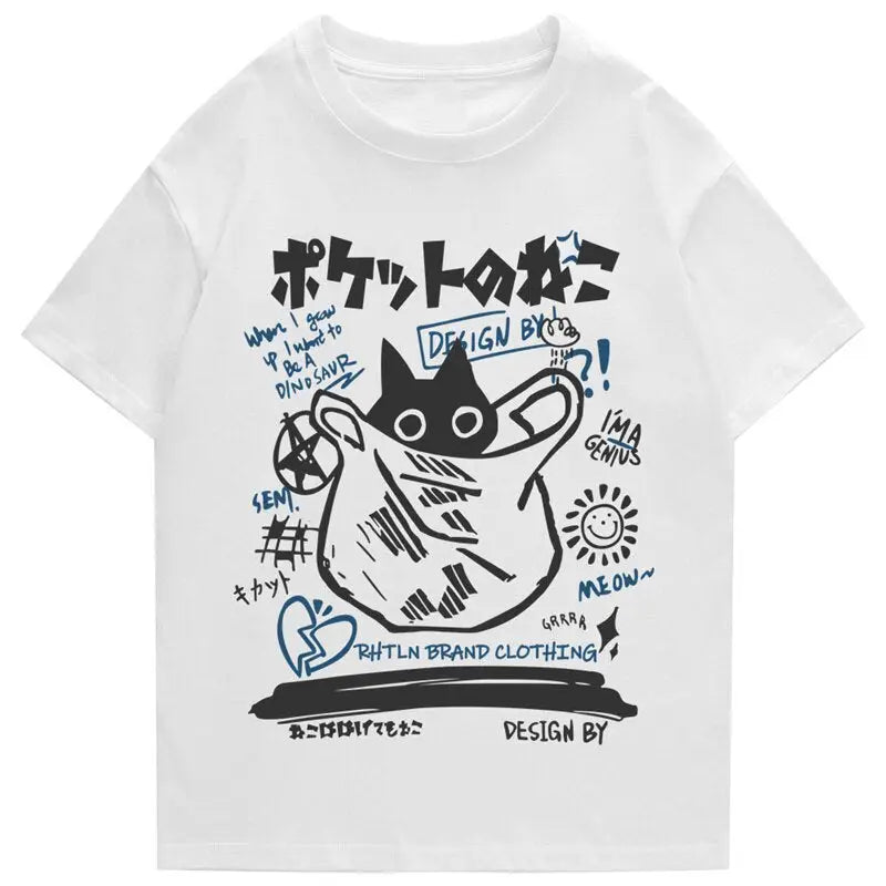 Japan Box Funny Cat in Bag Kanji Shirt L / Black / Cotton