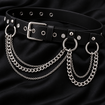 Close-up of silver chains, buckle and crystal stud details on black belt