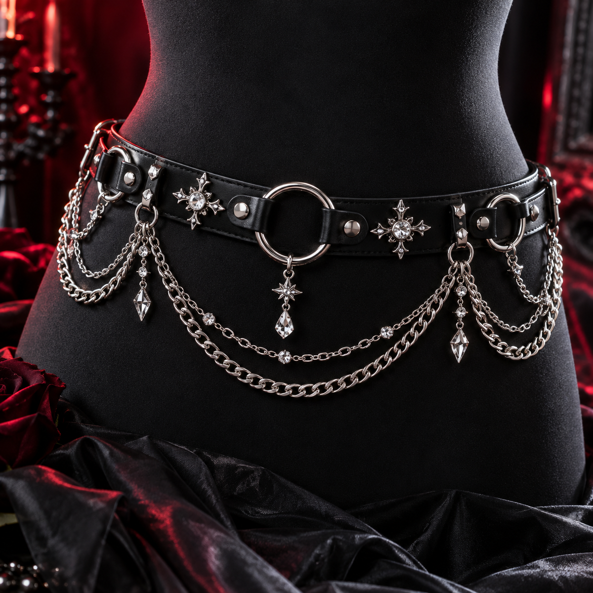 Black waist belt with layered silver chains and crystal accents