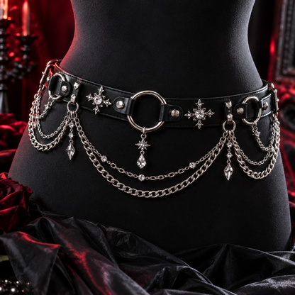 Black waist belt with layered silver chains and crystal accents