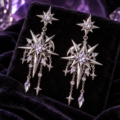 Oversized silver-tone starburst drop earrings with crystal-like accents
