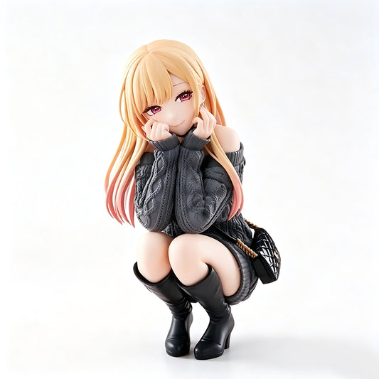 Sitting Marin Kitagawa Figure front view in gray sweater and black boots