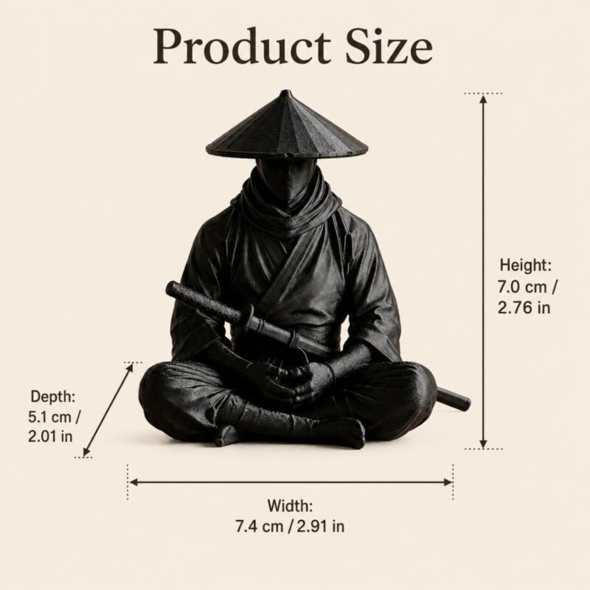 Sitting Zen Ninja Figure displayed beside a book on a wooden desk