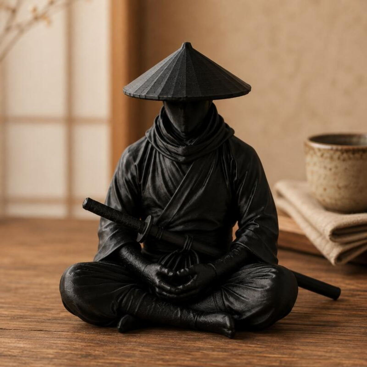Close view of the seated black ninja figure on a warm wooden surface