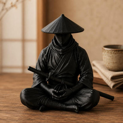 Close view of the seated black ninja figure on a warm wooden surface