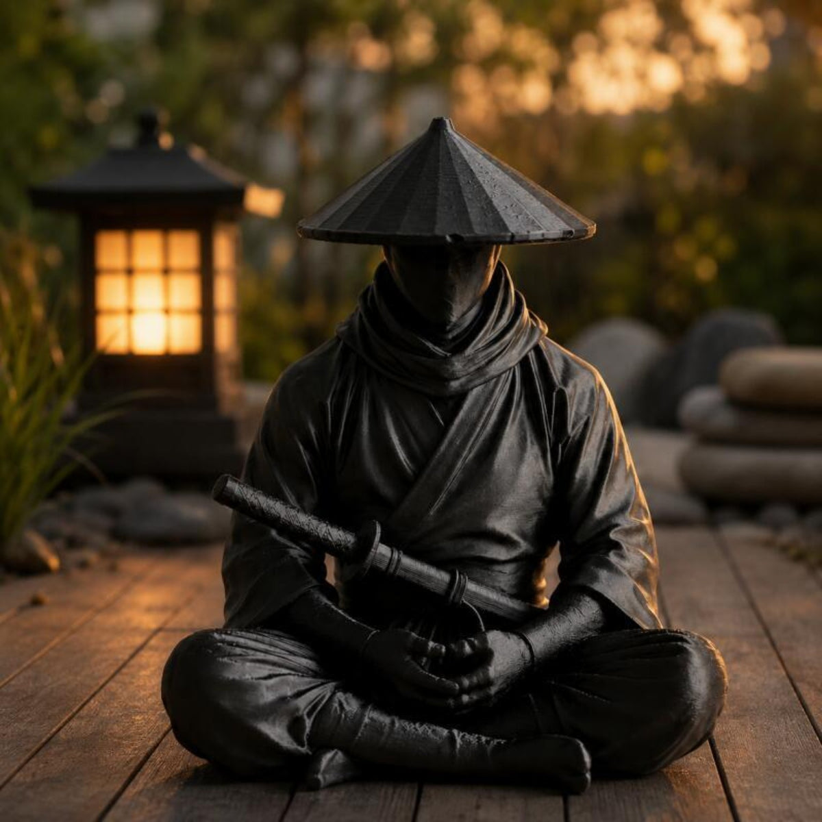 Sitting Zen Ninja Figure seated in a lantern-lit Japanese garden at dusk
