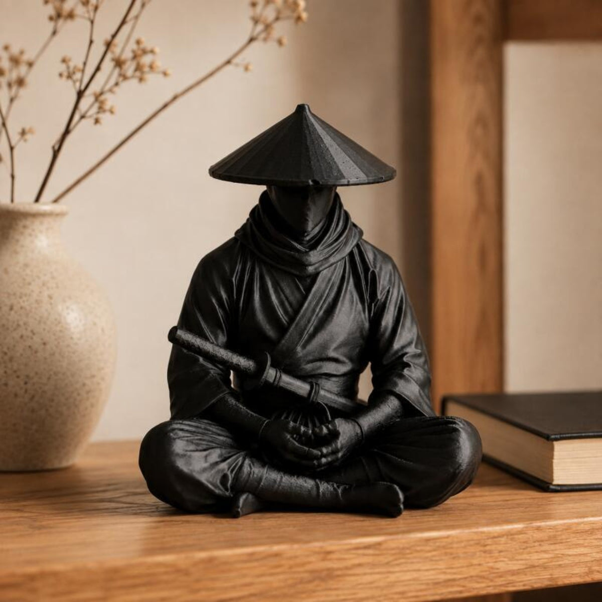Sitting Zen Ninja Figure styled in a warm Japanese-inspired interior