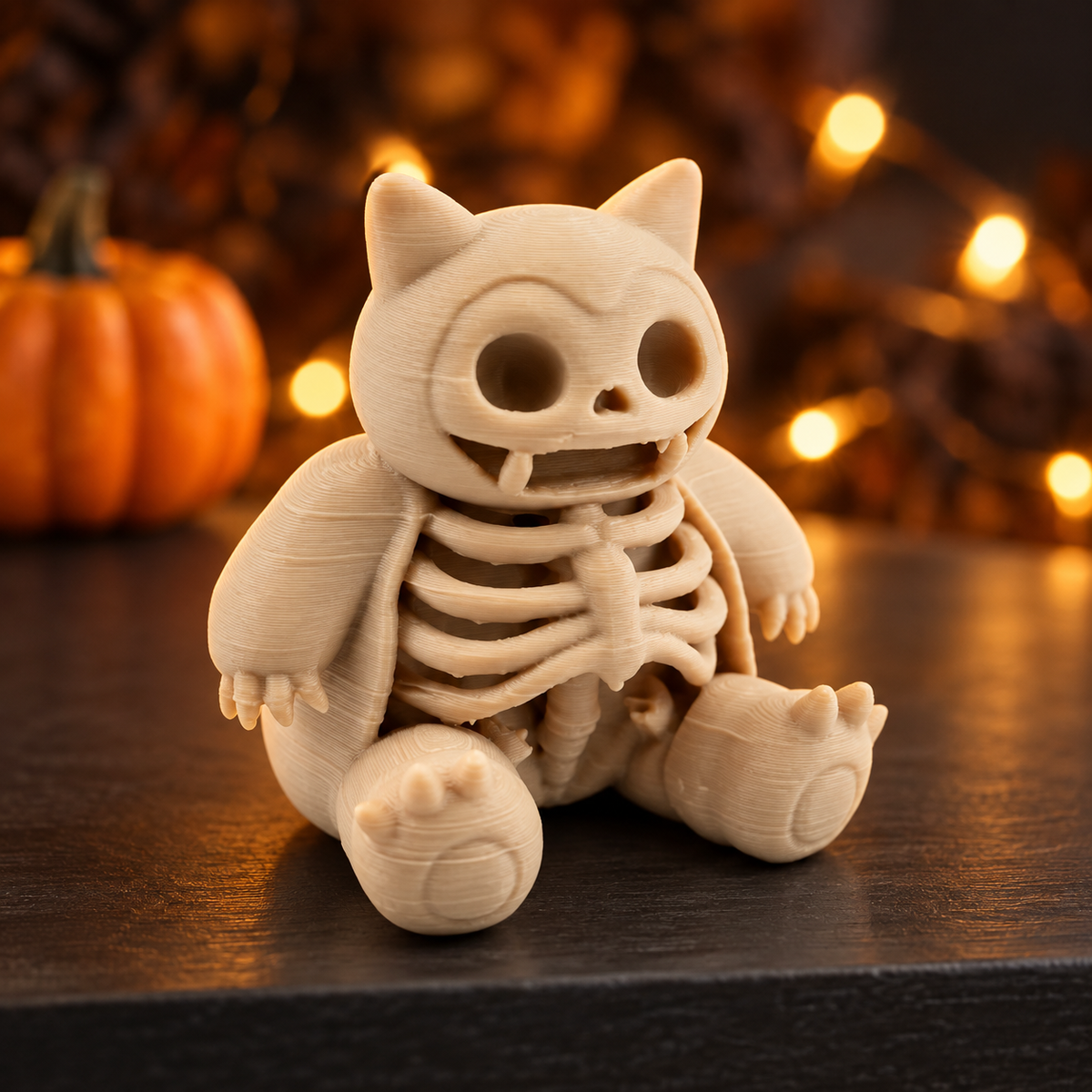 Snorlax Skeleton Halloween Figure in beige with sculpted skeletal details displayed on a dark shelf with Halloween decorations