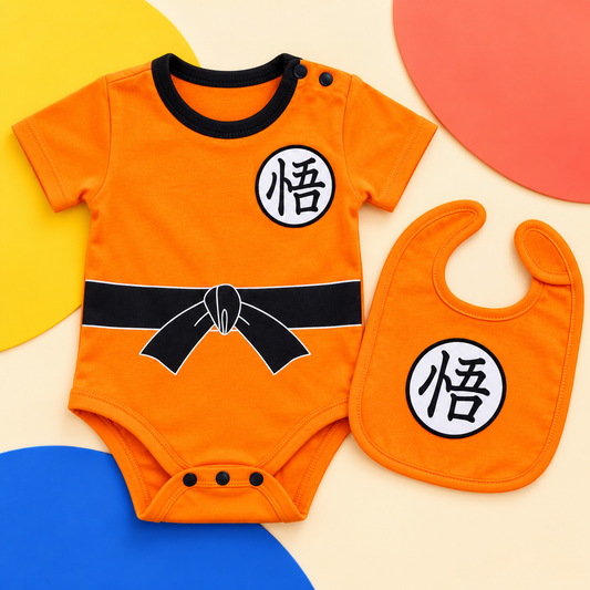 Front view of Son Goku orange baby bodysuit and matching bib in a colorful block composition