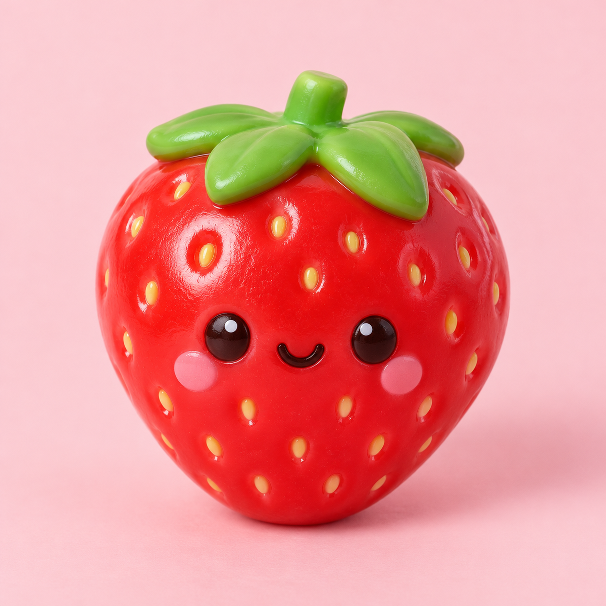 Red kawaii strawberry shaped squishy toy with a smiling face on a pink background