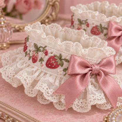 Strawberry Picnic wrist cuffs strawberry embroidery and bow detail