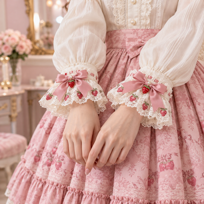 Strawberry Picnic Lolita wrist cuffs styled over blouse sleeves