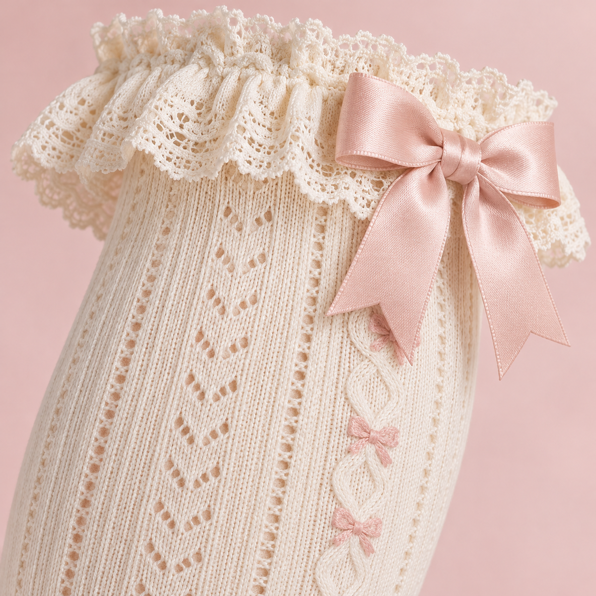 Sugar Lace Lolita socks cuff, bow, and knit detail