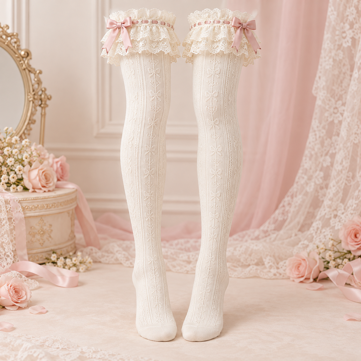 Sugar Lace ivory Lolita socks with blush bows