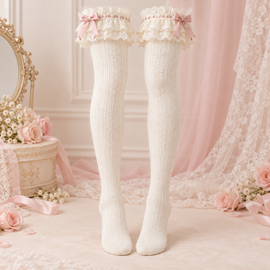Sugar Lace ivory Lolita socks with blush bows