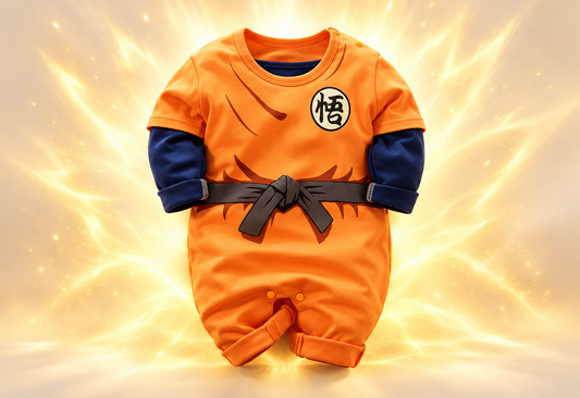 Orange anime baby onesie with navy sleeves on a golden energy backdrop