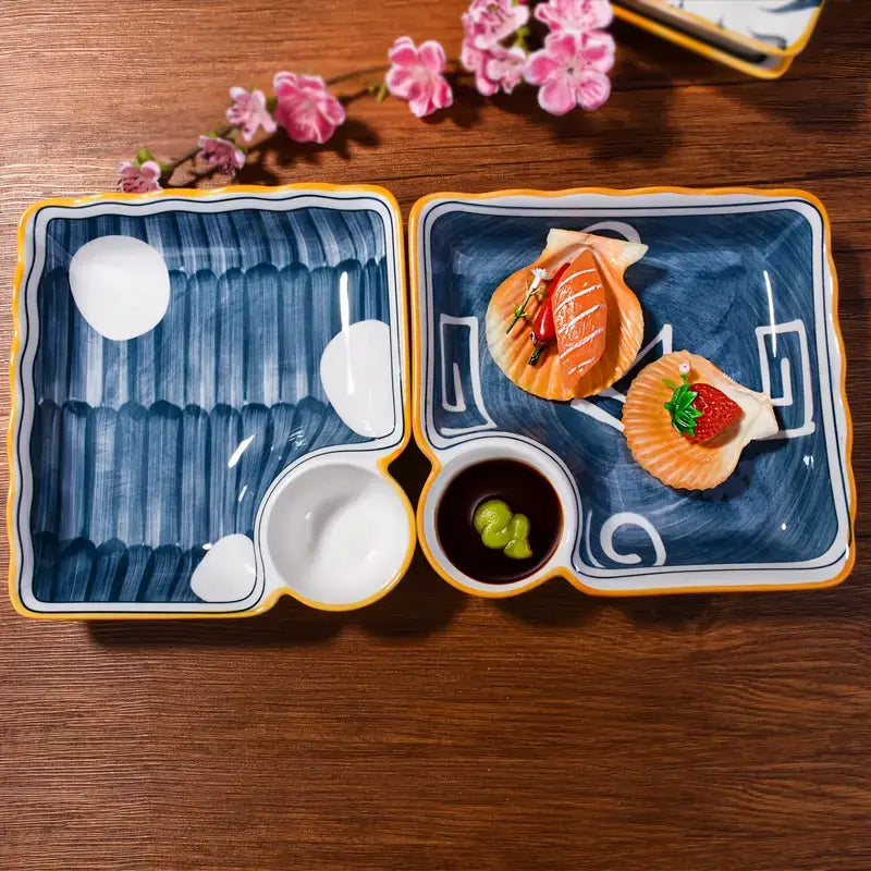 Juego de platos y platillos de sushi azul índigo