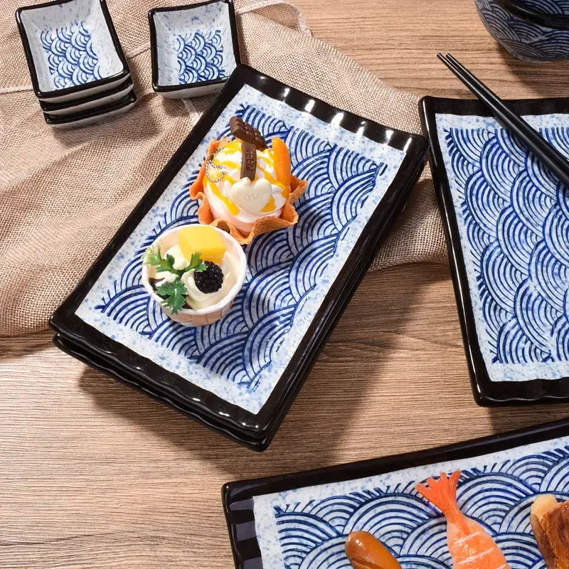 Juego de platos de sushi con ondas japonesas